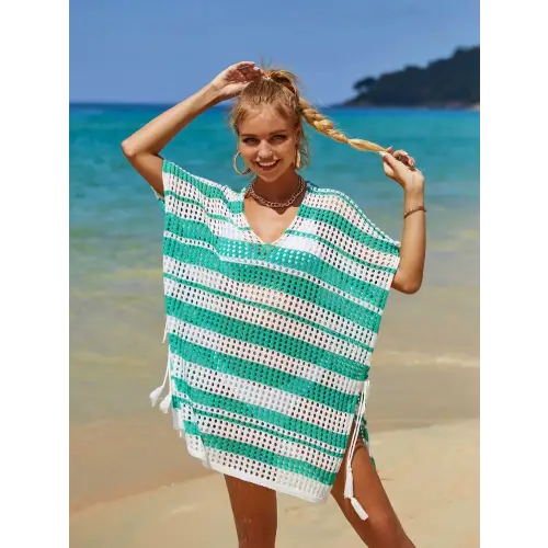 Angel Wings Tassel Openwork Striped Beach Cover Up