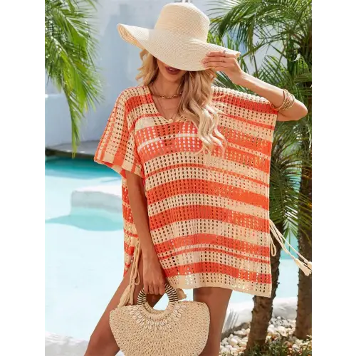 Angel Wings Tassel Openwork Striped Beach Cover Up