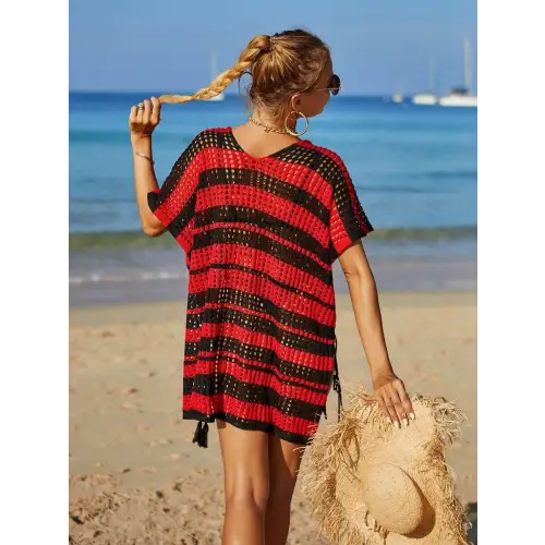 Angel Wings Tassel Openwork Striped Beach Cover Up