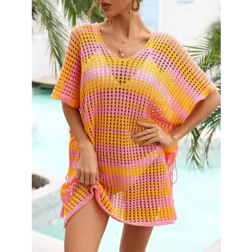 Angel Wings Tassel Openwork Striped Beach Cover Up