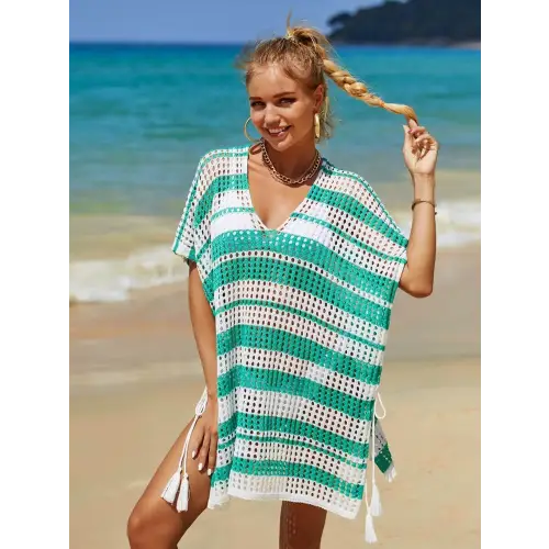 Angel Wings Tassel Openwork Striped Beach Cover Up