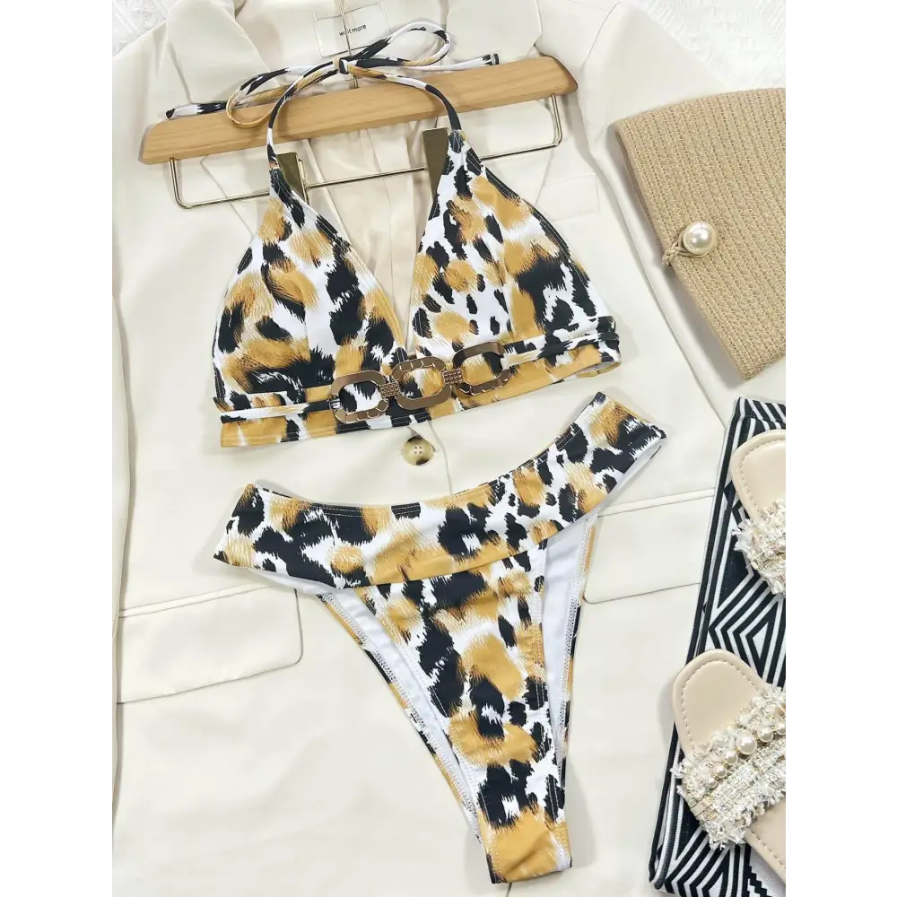 Fierce Animal Print Halter Neck Bikini with Gold Chain Accent