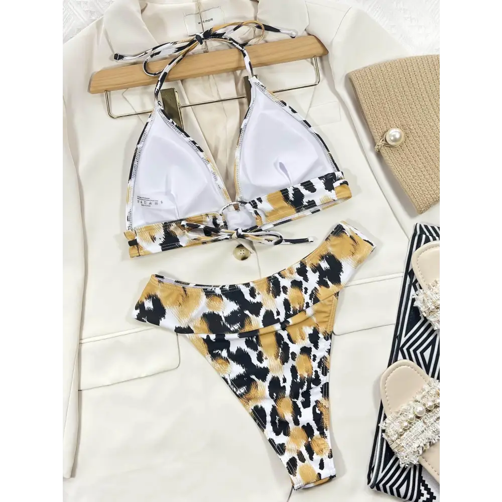 Fierce Animal Print Halter Neck Bikini with Gold Chain Accent