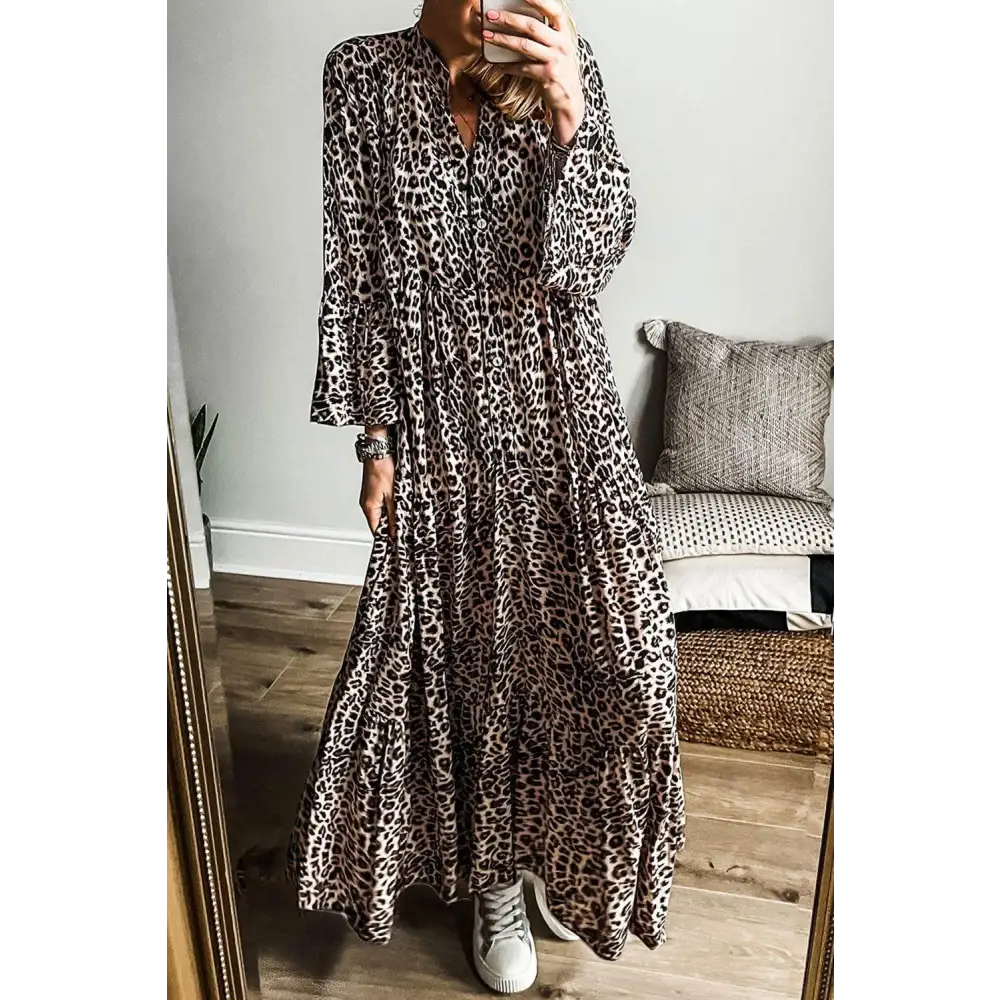 Apricot Leopard Print Tiered Wide Sleeve Maxi Dress for Effortless Style