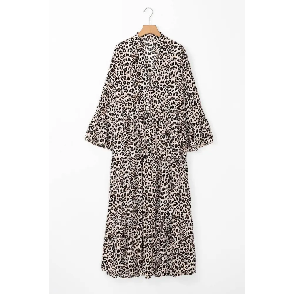 Apricot Leopard Print Tiered Wide Sleeve Maxi Dress for Effortless Style