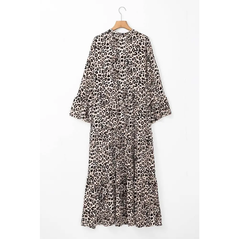 Apricot Leopard Print Tiered Wide Sleeve Maxi Dress for Effortless Style