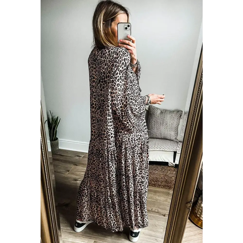 Apricot Leopard Print Tiered Wide Sleeve Maxi Dress for Effortless Style