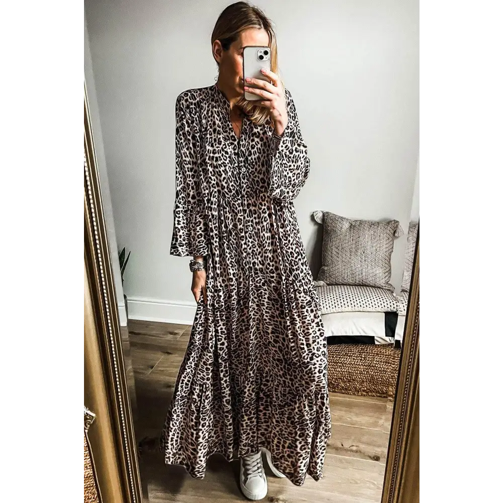 Apricot Leopard Print Tiered Wide Sleeve Maxi Dress for Effortless Style