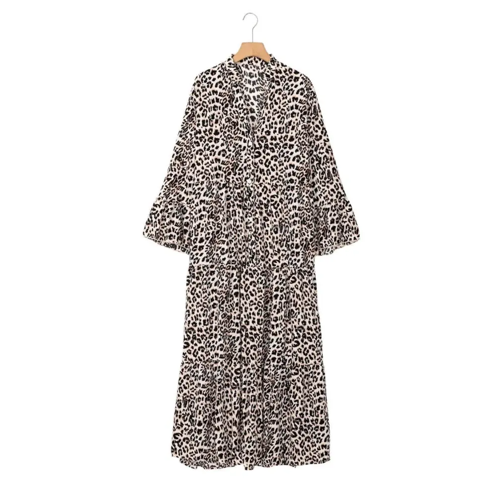 Apricot Leopard Print Tiered Wide Sleeve Maxi Dress for Effortless Style