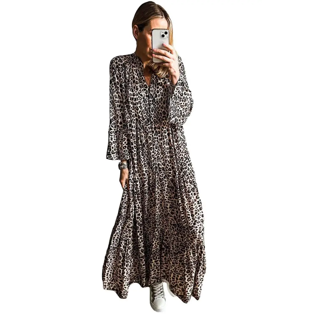 Apricot Leopard Print Tiered Wide Sleeve Maxi Dress for Effortless Style