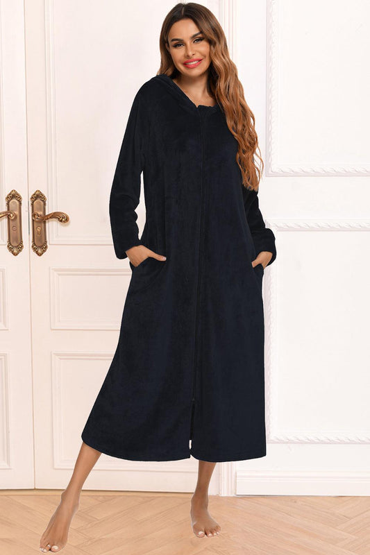 Zip Front Hooded Night Dress with Pockets - CM