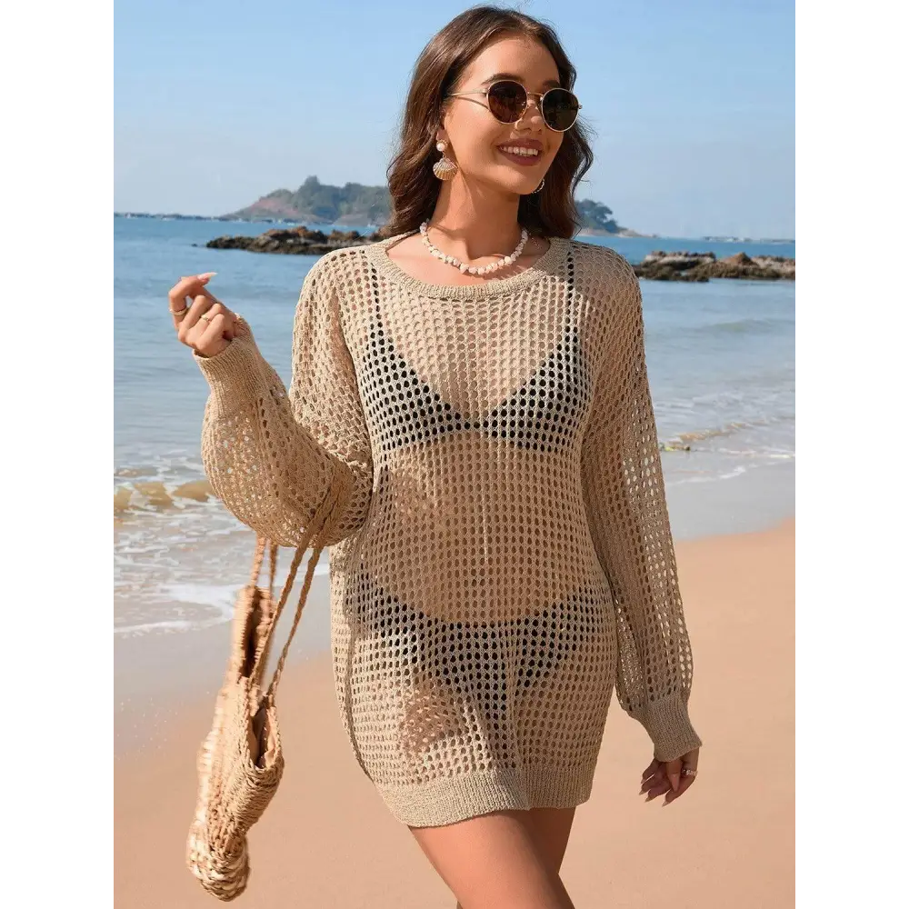 Stunning Backless Boat Neck Long Sleeve Crochet Beach Cover-Up