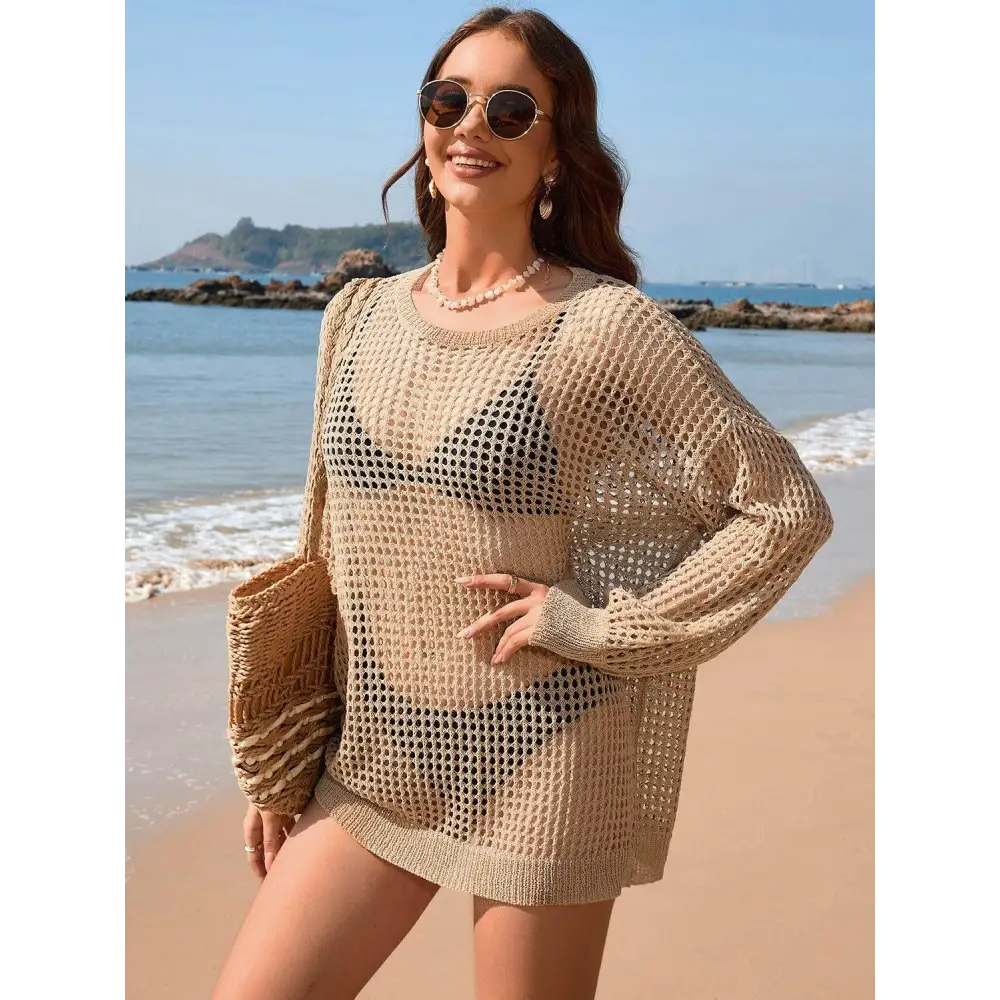 Stunning Backless Boat Neck Long Sleeve Crochet Beach Cover-Up