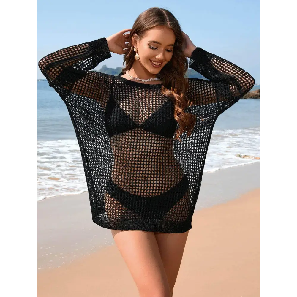 Stunning Backless Boat Neck Long Sleeve Crochet Beach Cover-Up