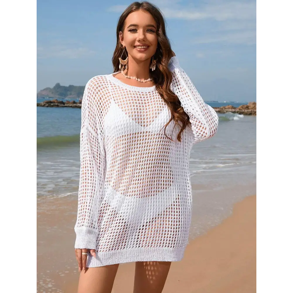 Stunning Backless Boat Neck Long Sleeve Crochet Beach Cover-Up