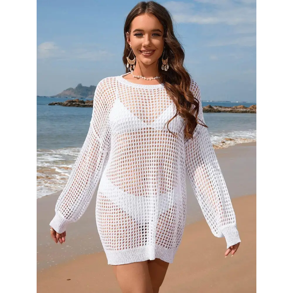 Stunning Backless Boat Neck Long Sleeve Crochet Beach Cover-Up