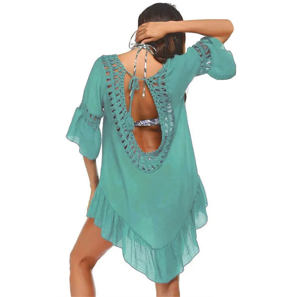 Sultry Backless Cutout Three-Quarter Sleeve Beach Cover Up