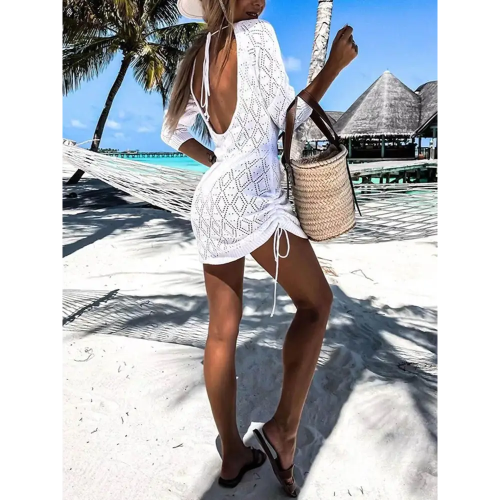 Breezy Backless Openwork Drawstring Beach Cover-Up