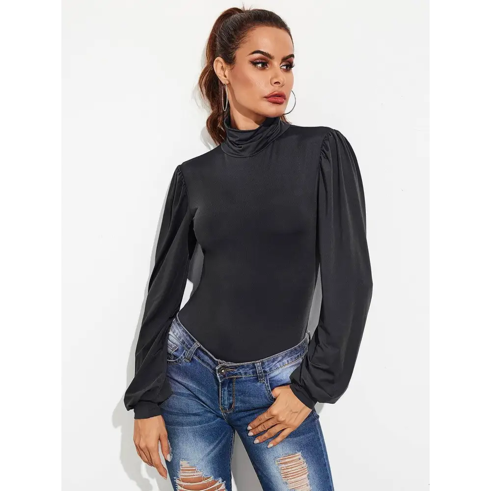 Backless Tie-Waist Turtleneck Lantern Sleeve Bodysuit