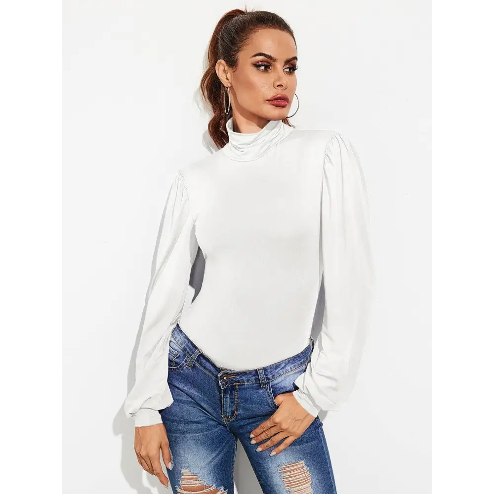 Backless Tie-Waist Turtleneck Lantern Sleeve Bodysuit