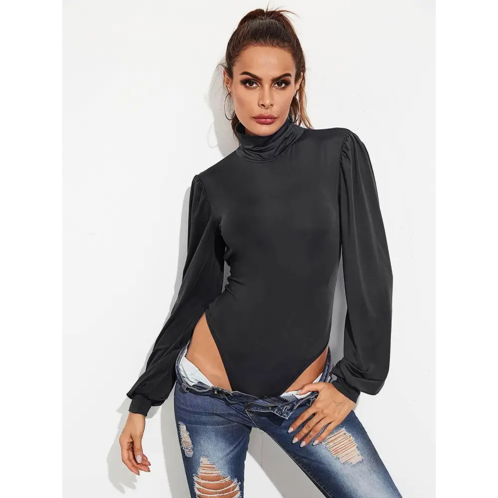 Backless Tie-Waist Turtleneck Lantern Sleeve Bodysuit