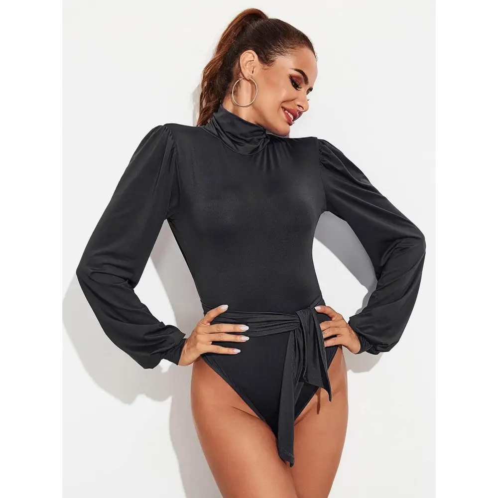 Backless Tie-Waist Turtleneck Lantern Sleeve Bodysuit