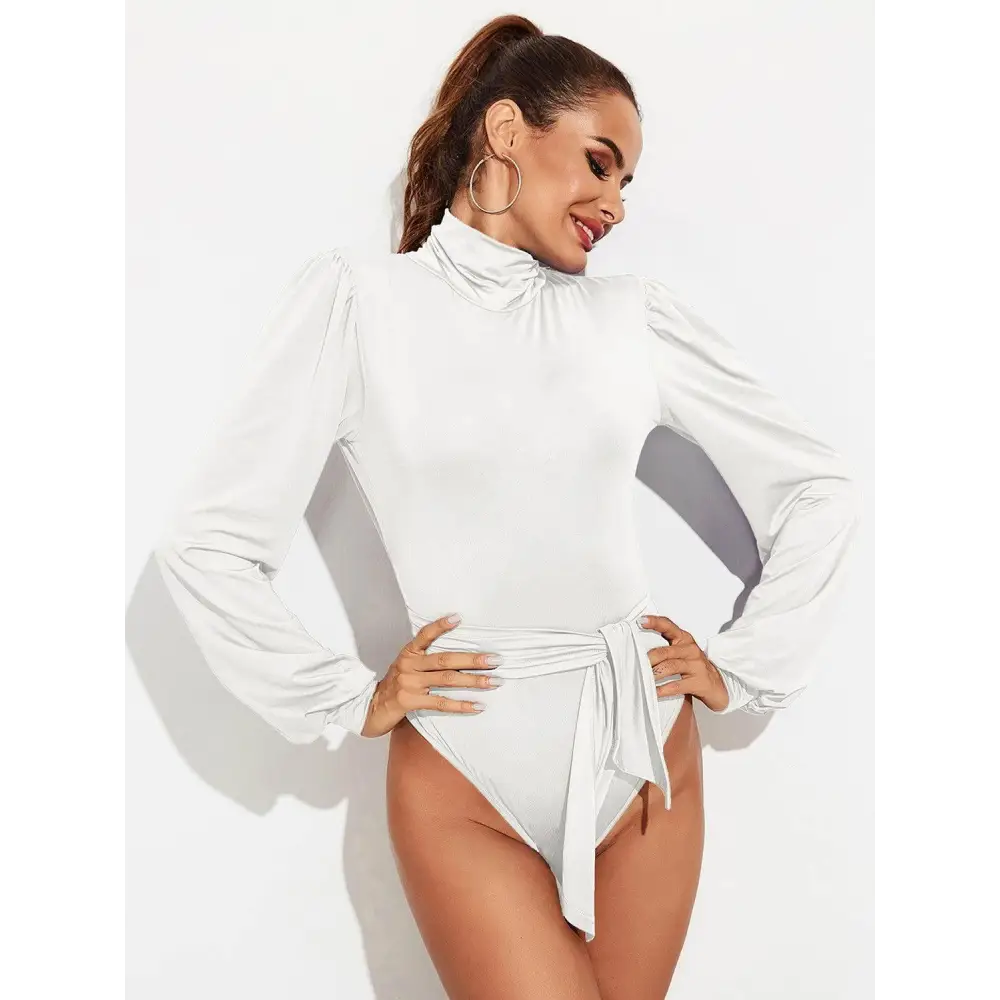 Backless Tie-Waist Turtleneck Lantern Sleeve Bodysuit