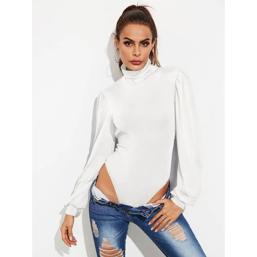 Backless Tie-Waist Turtleneck Lantern Sleeve Bodysuit