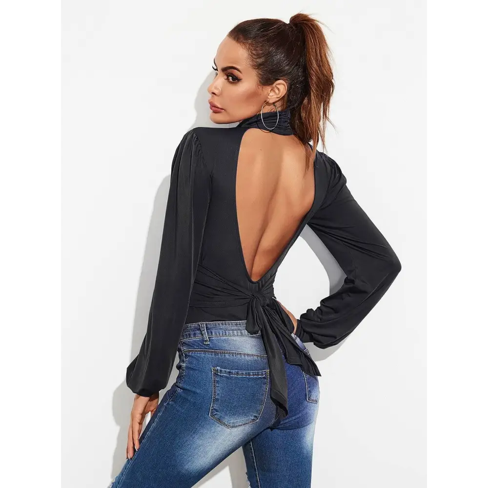 Backless Tie-Waist Turtleneck Lantern Sleeve Bodysuit