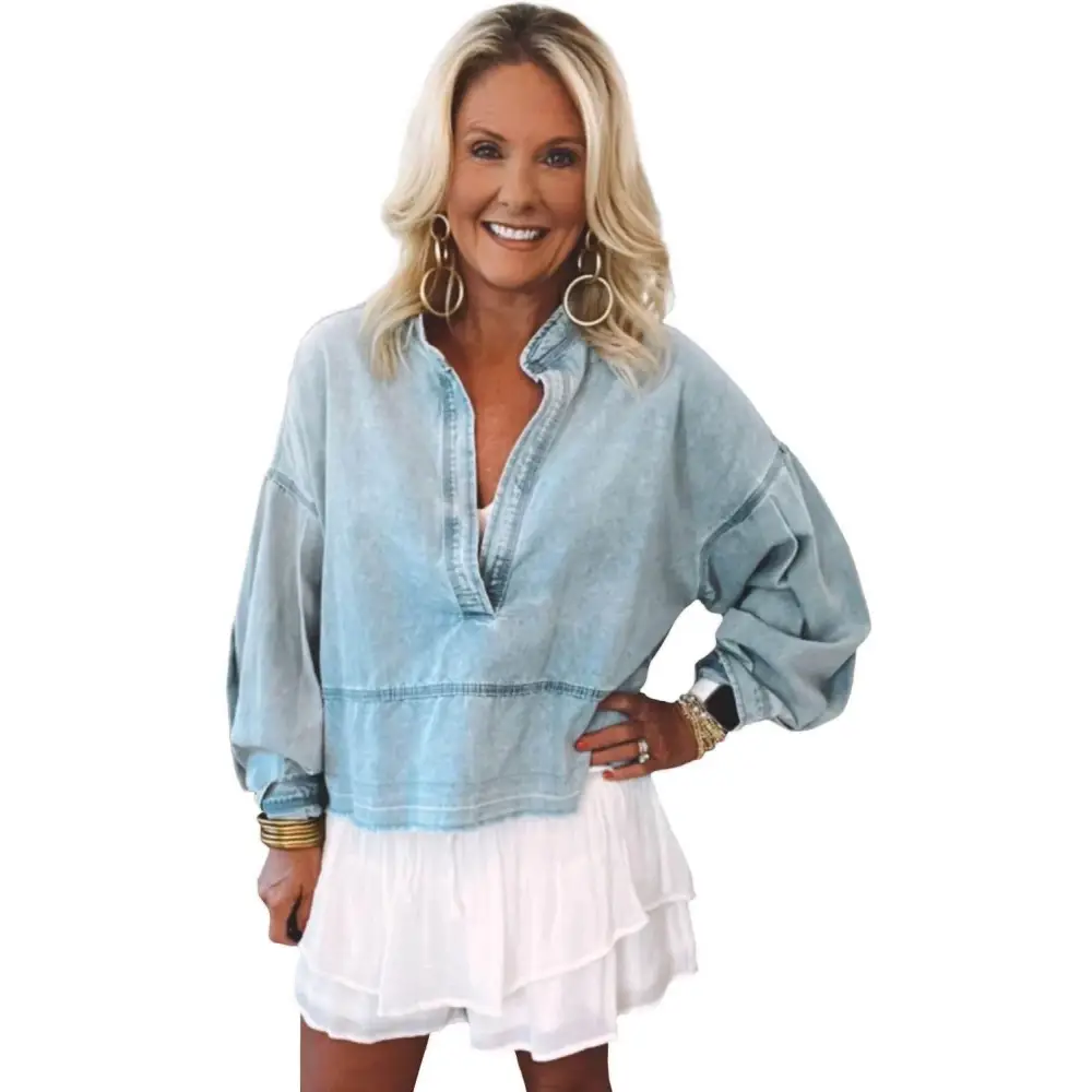 Beau Blue Light Wash Puff Sleeve Denim Blouse for Effortless Style