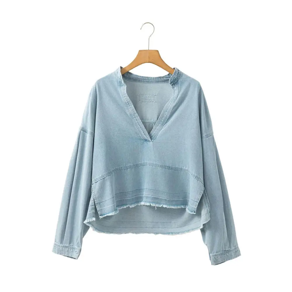 Beau Blue Light Wash Puff Sleeve Denim Blouse for Effortless Style