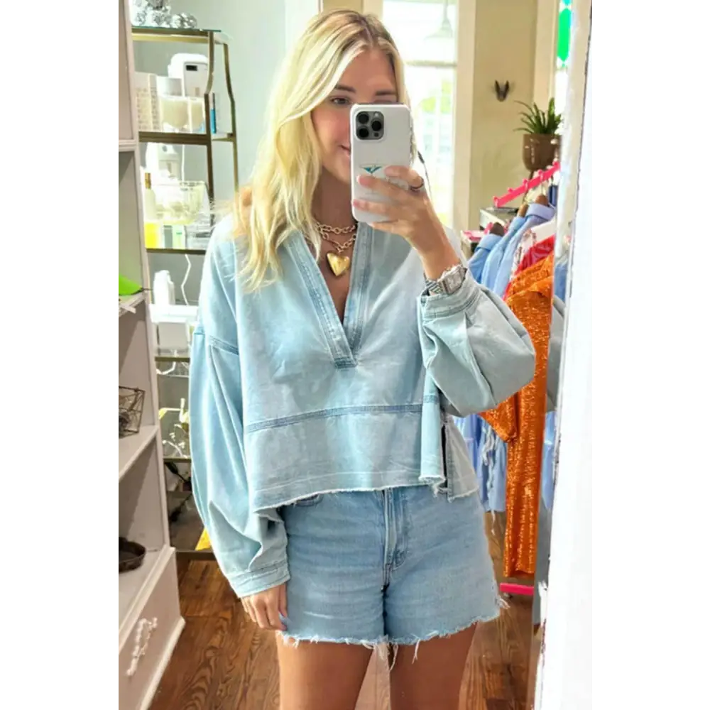 Beau Blue Light Wash Puff Sleeve Denim Blouse for Effortless Style