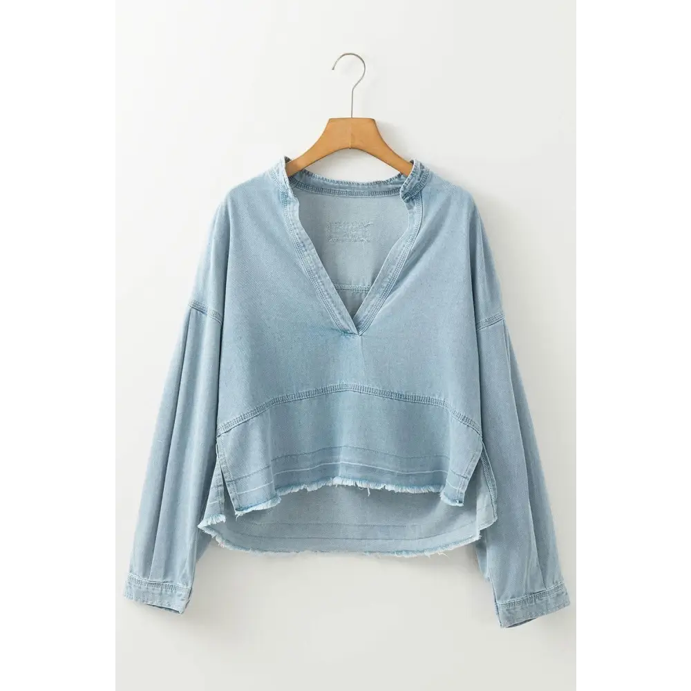 Beau Blue Light Wash Puff Sleeve Denim Blouse for Effortless Style