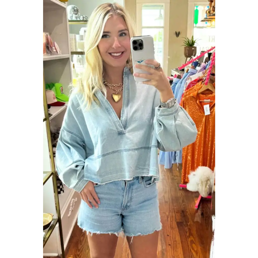 Beau Blue Light Wash Puff Sleeve Denim Blouse for Effortless Style