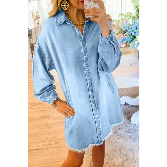 Beau Blue Washed Raw Hem Denim Shirt Dress for Effortless Style Beau Blue / XL