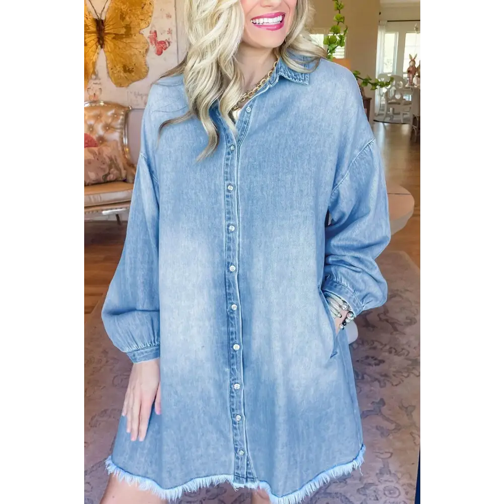 Beau Blue Washed Raw Hem Denim Shirt Dress for Effortless Style