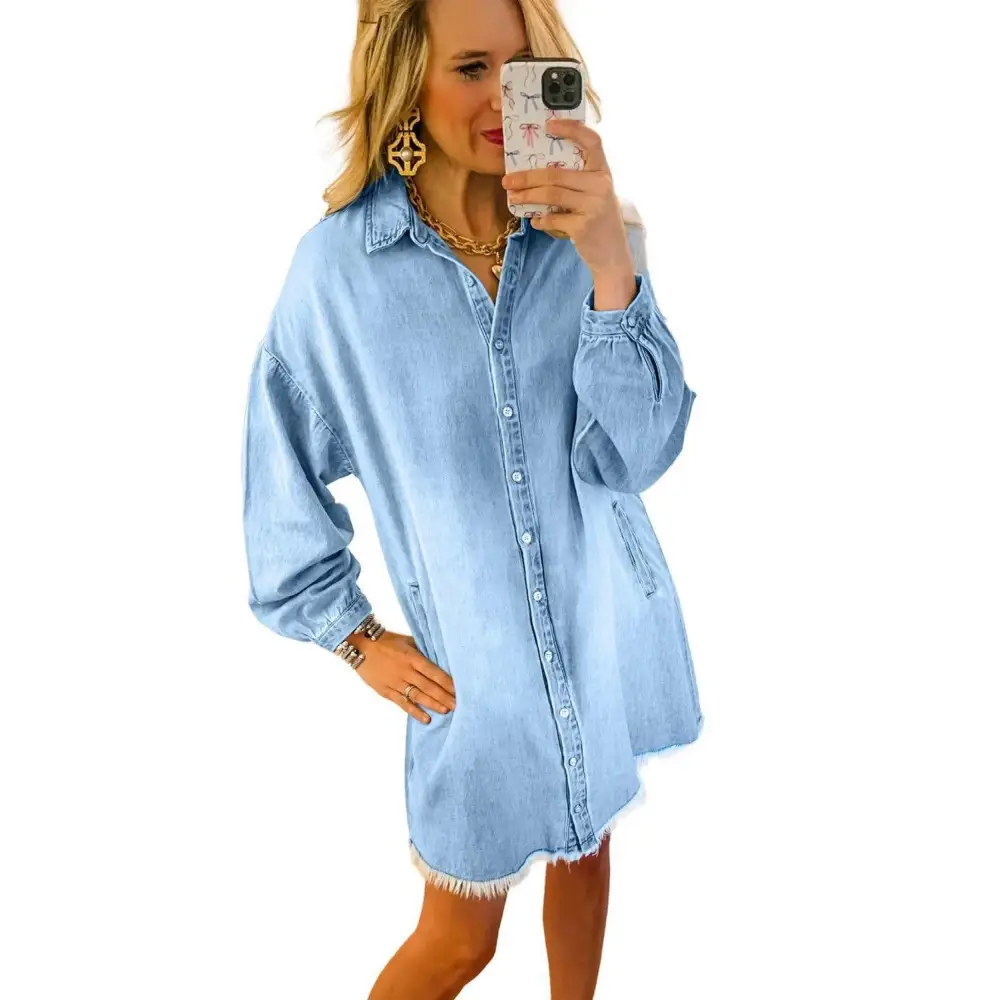 Beau Blue Washed Raw Hem Denim Shirt Dress for Effortless Style