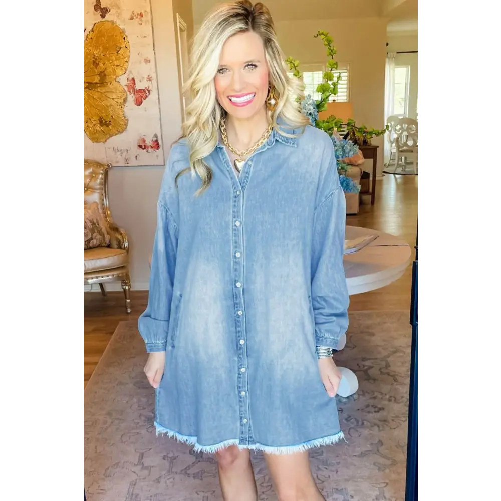 Beau Blue Washed Raw Hem Denim Shirt Dress for Effortless Style