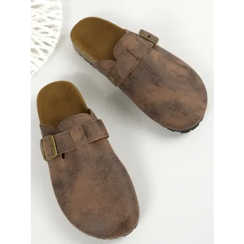 Beige Round Toe Buckle Clogs