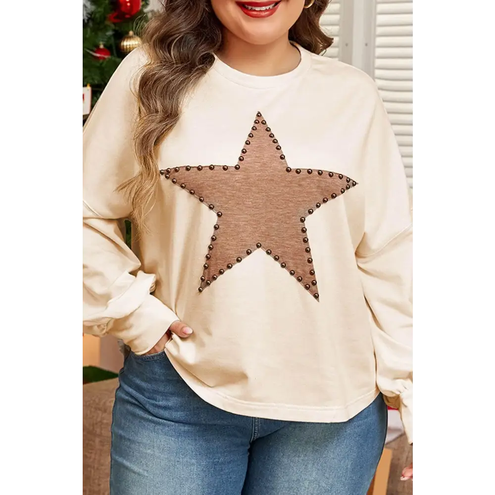 Beige Star Pattern Studded Crew Neck for Plus Size Style