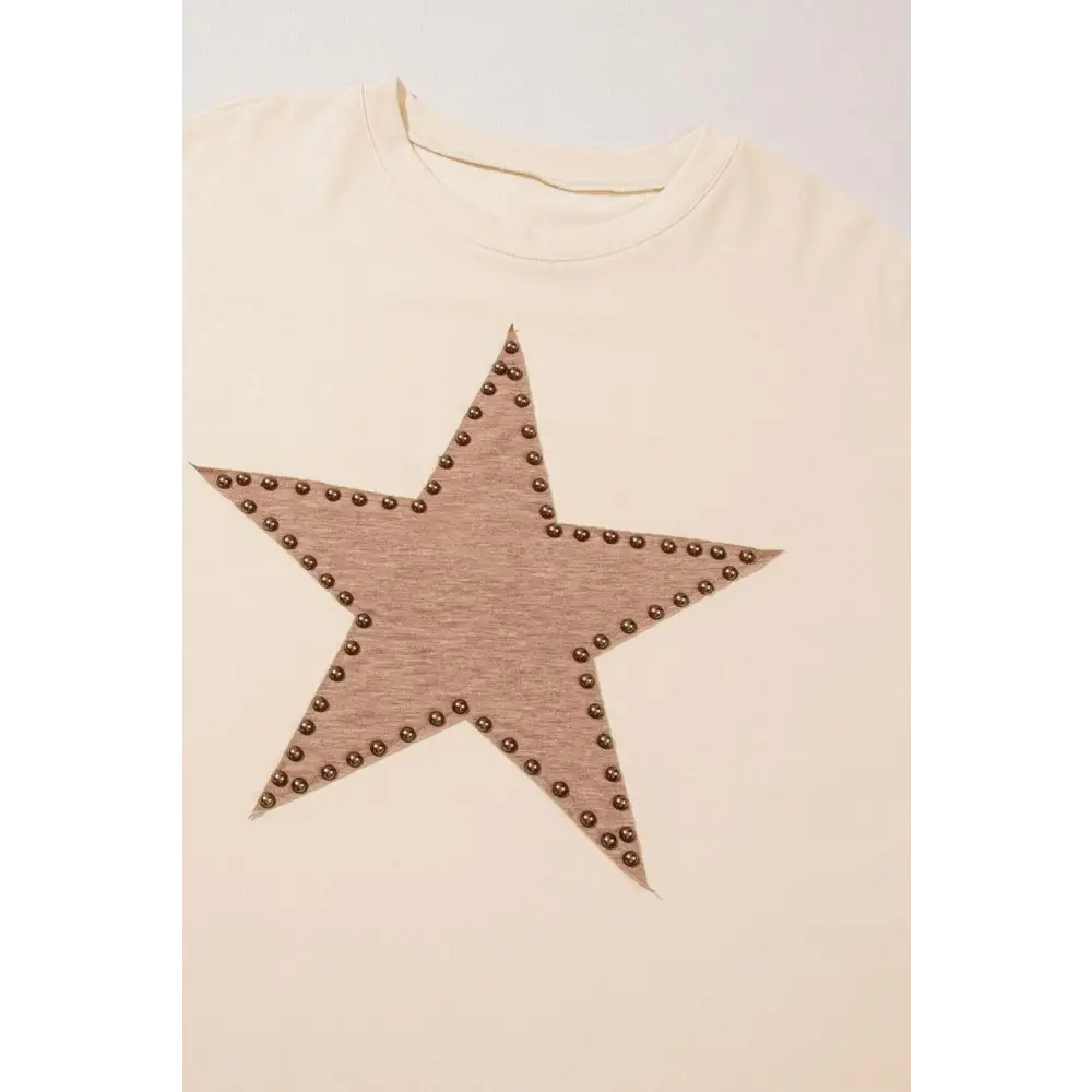 Beige Star Pattern Studded Crew Neck for Plus Size Style