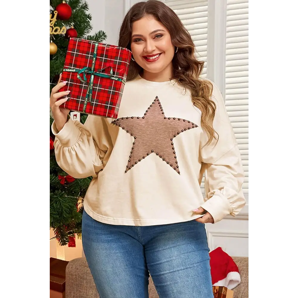 Beige Star Pattern Studded Crew Neck for Plus Size Style