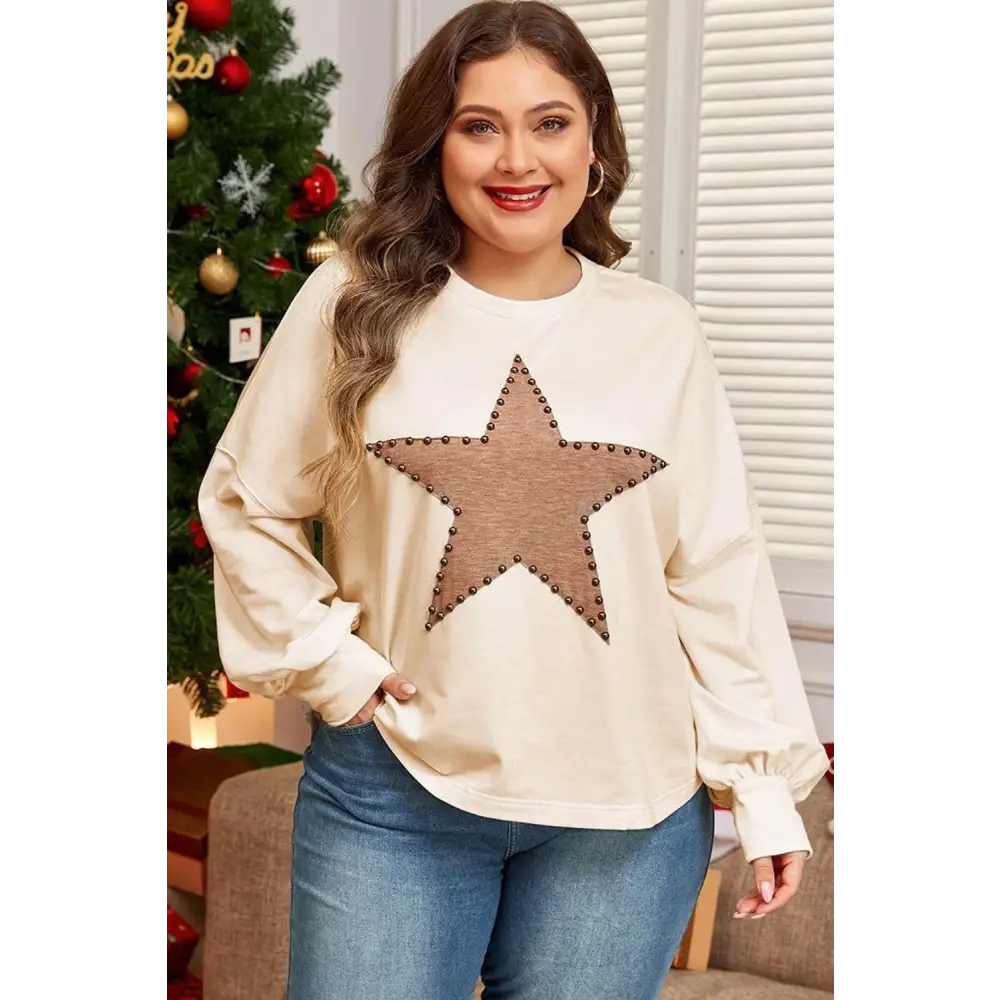 Beige Star Pattern Studded Crew Neck for Plus Size Style