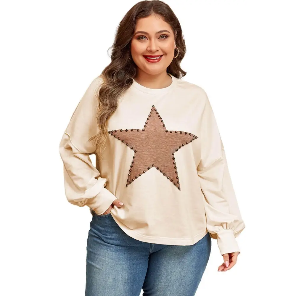 Beige Star Pattern Studded Crew Neck for Plus Size Style