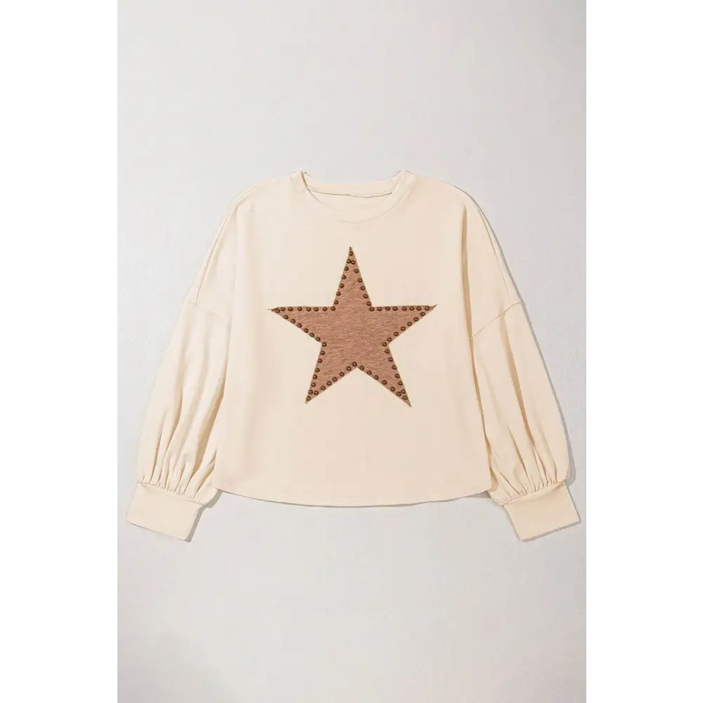 Beige Star Pattern Studded Crew Neck for Plus Size Style