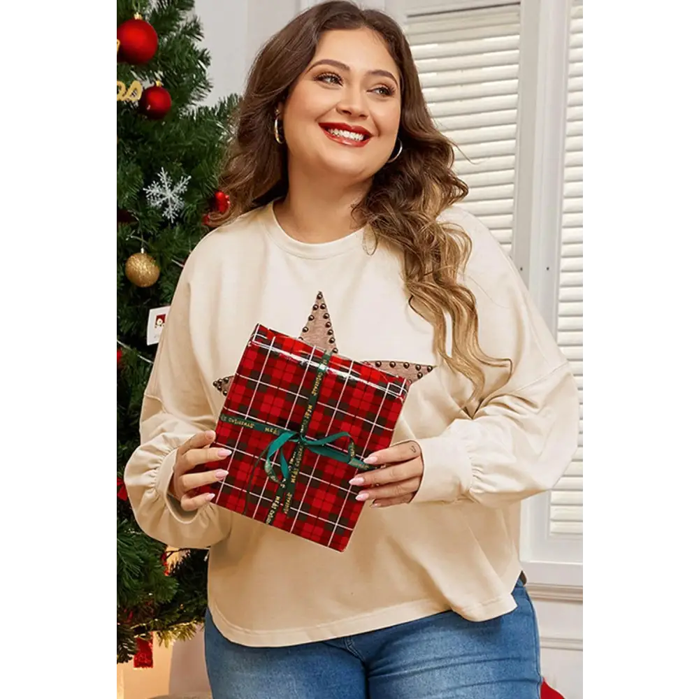 Beige Star Pattern Studded Crew Neck for Plus Size Style