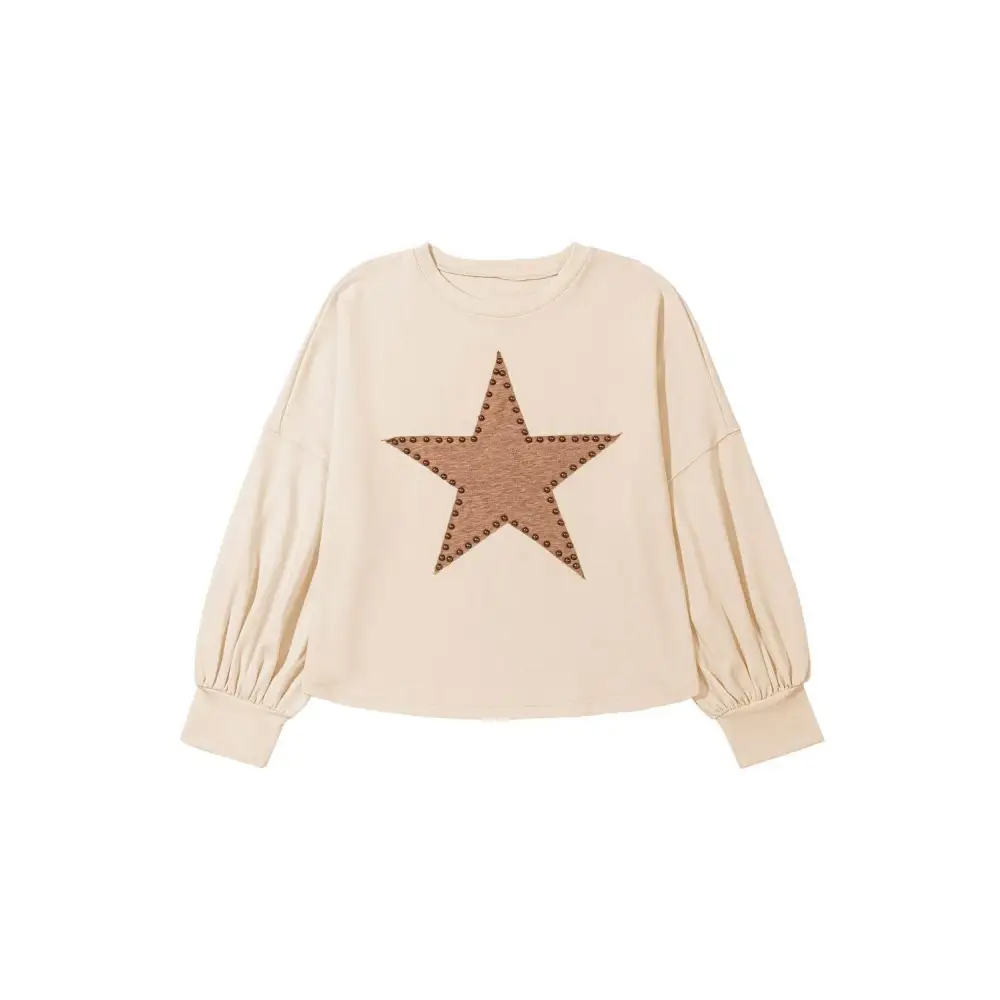 Beige Star Pattern Studded Crew Neck for Plus Size Style