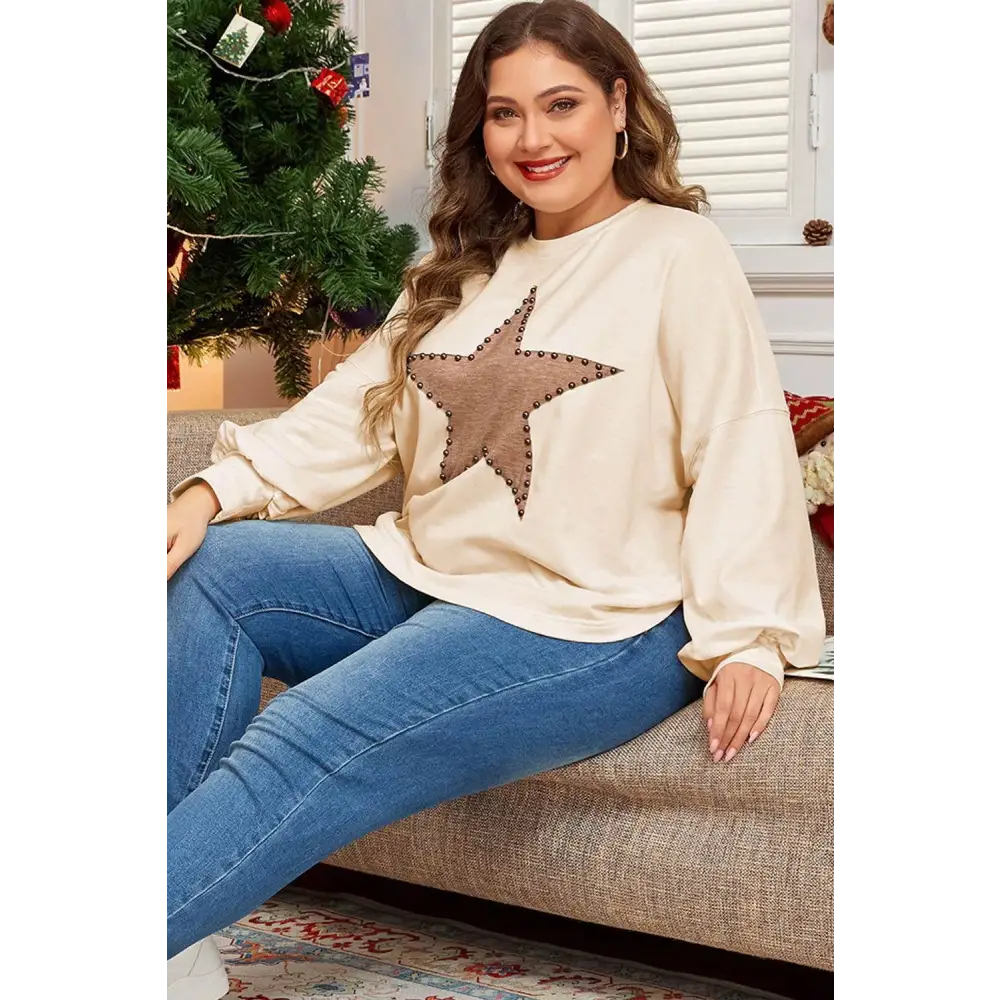 Beige Star Pattern Studded Crew Neck for Plus Size Style