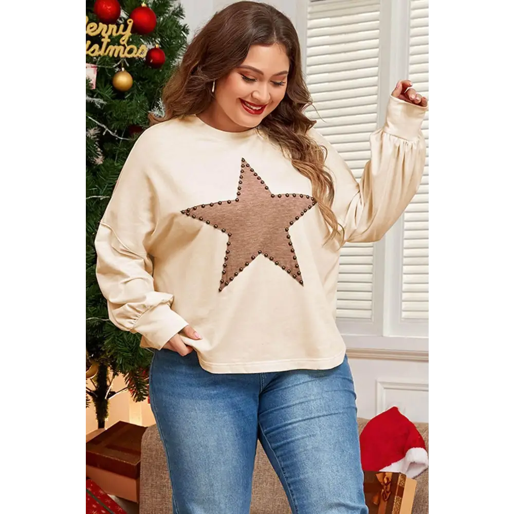 Beige Star Pattern Studded Crew Neck for Plus Size Style