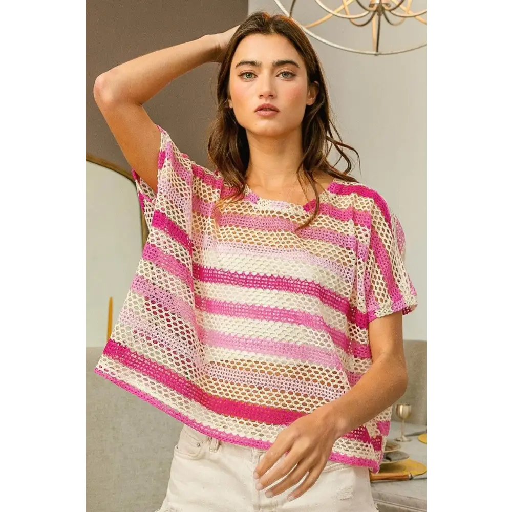 BiBi Striped Openwork Short Sleeve Knit Cover Up